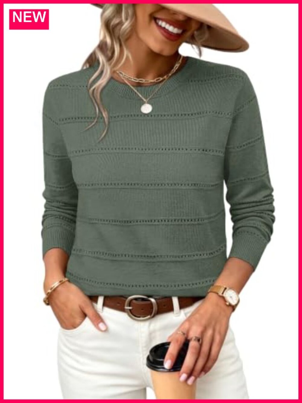WIHOLL Women's Hollow Out Knit Sweater Scoop Neck Long Sleeve Pullover Top